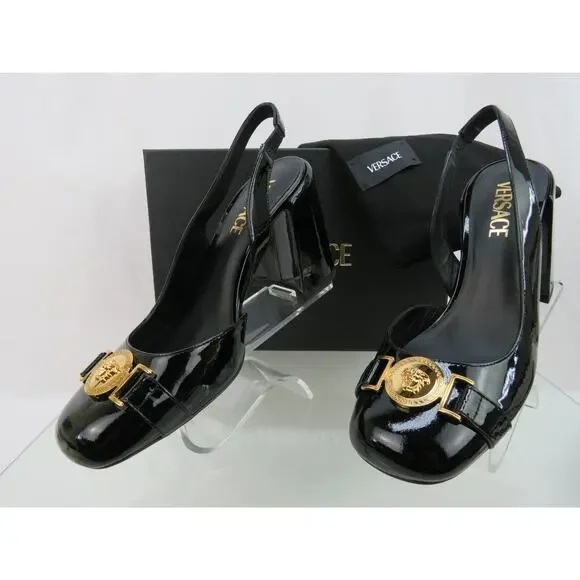 NIB VERSACE BLACK PATENT LEATHER GOLD MEDUSA LOGO SANDALS HEEL PUMPS 37.5 7.5